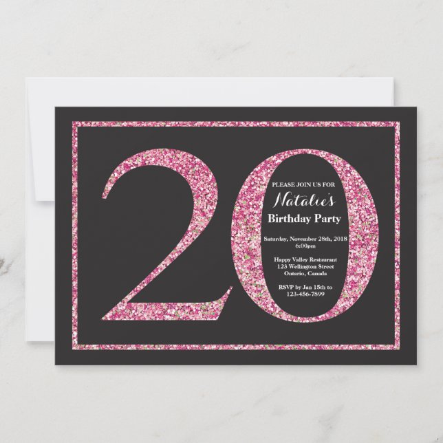 20:e födelsedagsinbjudan till Rosa Glitter Chalkbo Inbjudningar (Framsida)