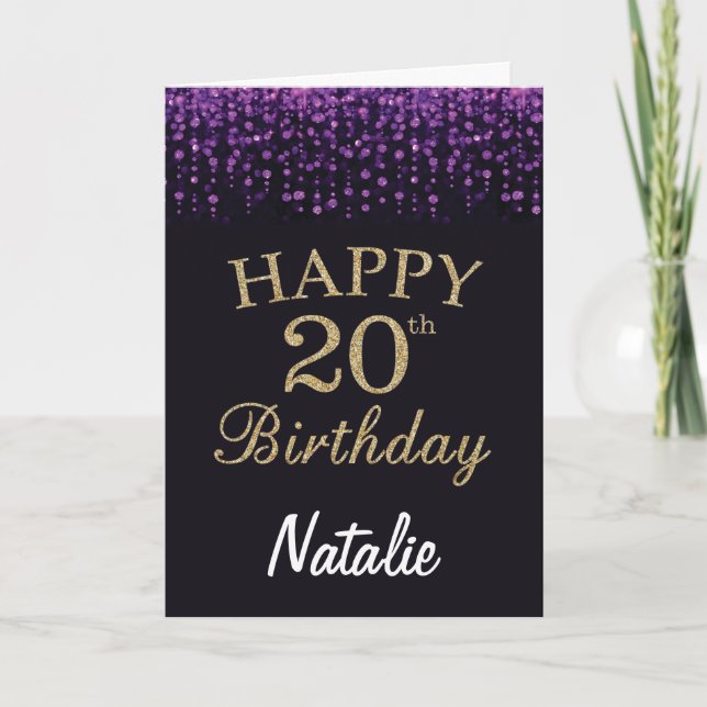 20:e födelsedagskortet Lila Black och Guld Glitter Kort (Framsida)