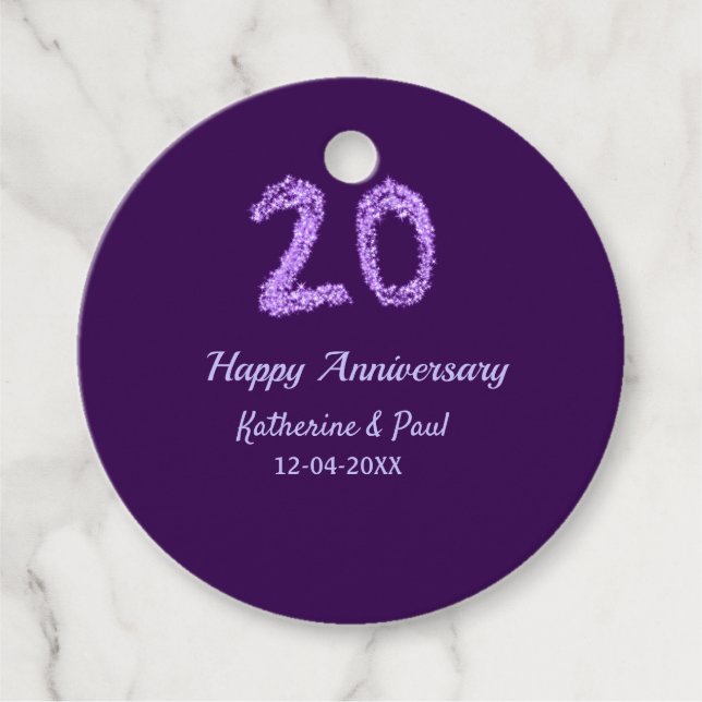 20:e lycklig-årsdagen lägg till lila om namn gåvor etiketter (Framsida)