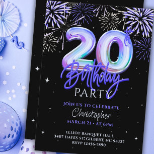 20:e Manar Blue Fireworks Foil Balloon Birthday Inbjudningar