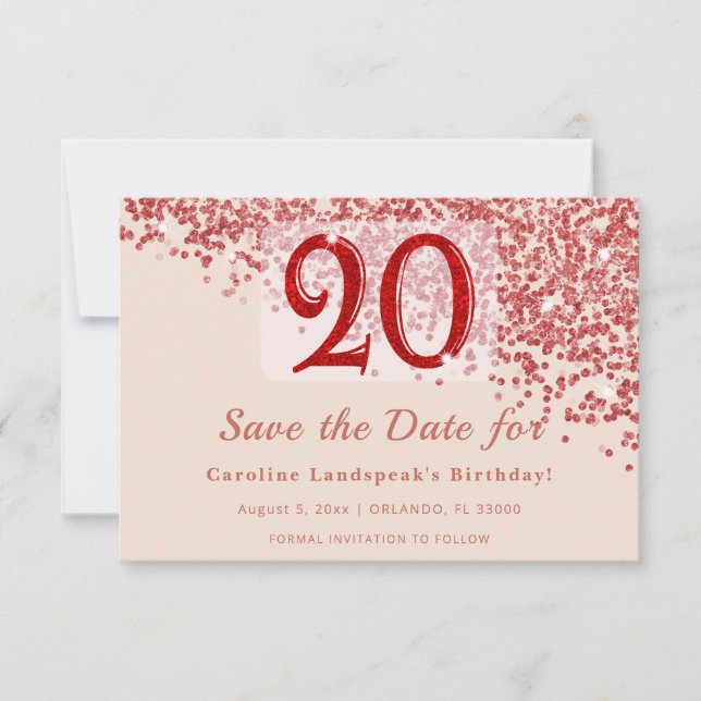 20:e Ruby Red Glitter Champagne Save the Date  Spara Datumet (Framsida)
