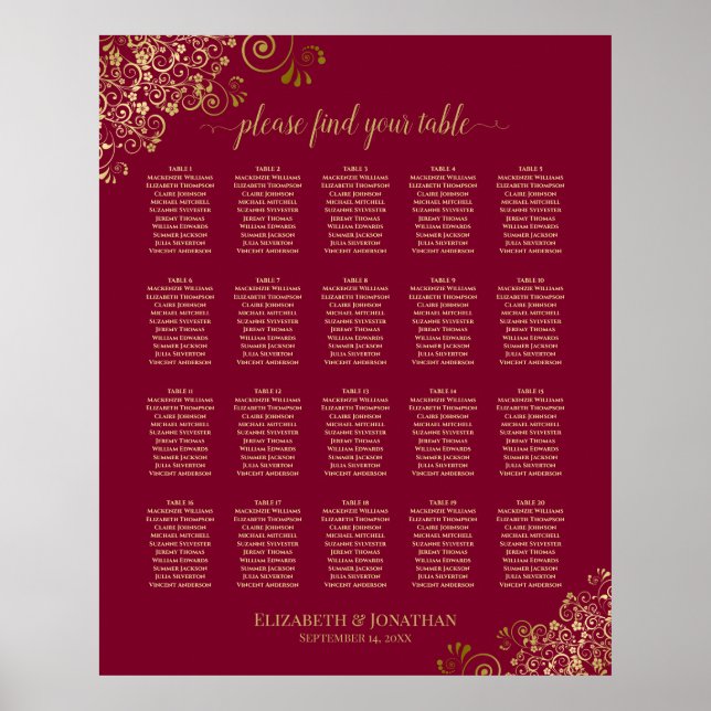 20 Elegant Burgundy & Guld-sätesdiagram för Bord Poster (Framsidan)