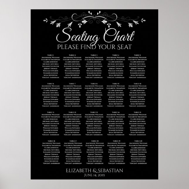 20 Elegant, svart, Bröllop, sittdiagram Poster (Framsidan)