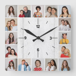 20 Fotocollage Falskt Ljust Vitt Trä Staket Fyrkantig Klocka