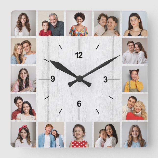 20 Fotocollage Falskt Ljust Vitt Trä Staket Fyrkantig Klocka (Framsida)