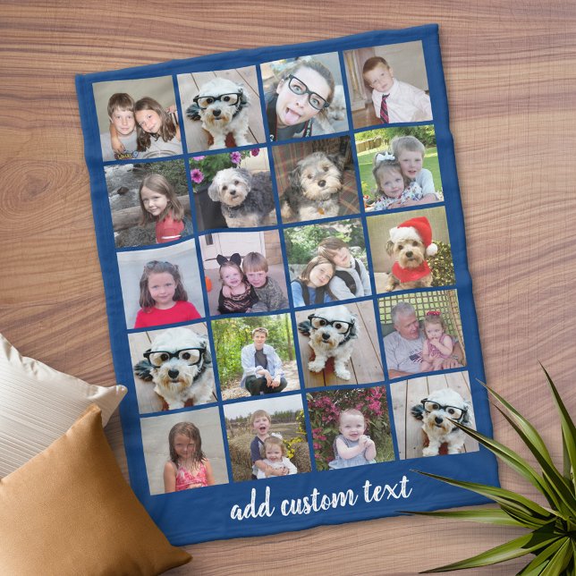 20 Fotokollage - Raster med skripttext - blå Fleecefilt (Personalized Fleece Blanket)