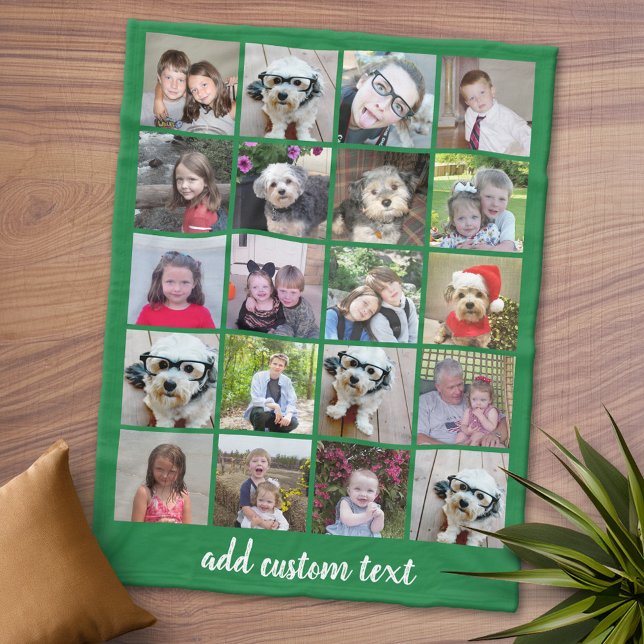 20 Fotokollage - Raster med skripttext - grönt Fleecefilt (Personalized Fleece Blanket - Add Photos and Text or Customize completely in advanced design area)