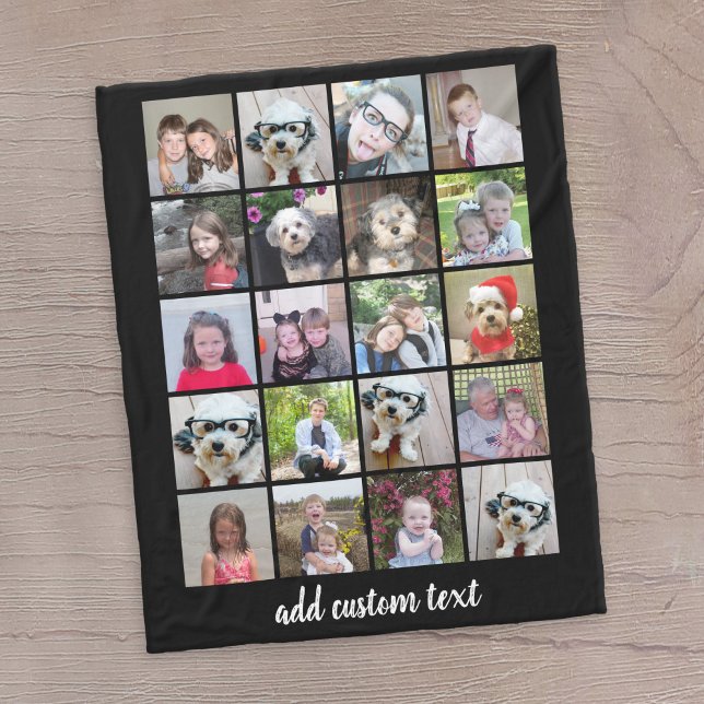 20 Fotokollage - Raster med skripttext - svart Fleecefilt (20 Photo personalized blanket)