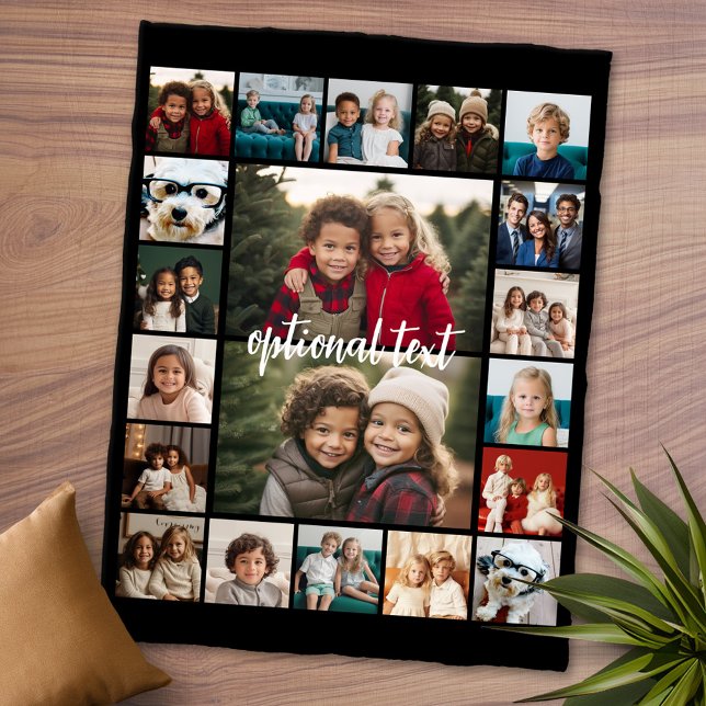 20 Fotokollage Valfri text - svart bakgrund Fleecefilt (Personalized Fleece Blanket - Add Photos and Text or Customize completely in advanced design area)