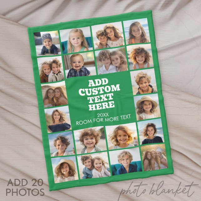 20 Fotoskollage - Grönt och text i mitten Fleecefilt (Photo Blanket - Fleece)