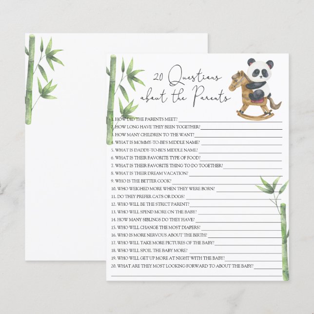 20 Frågor om föräldrarna baby shower spel (Fram/baksida)