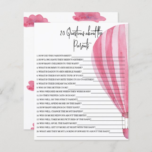 20 Frågor om föräldrarna baby shower-spel (Fram/baksida)