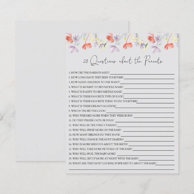 20 frågor om föräldrarnas baby shower-spel (Fram/baksida)