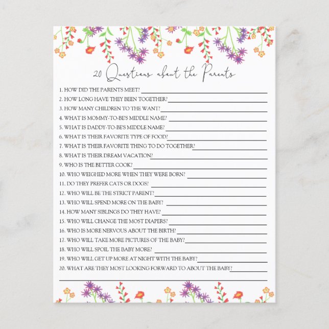 20 frågor om föräldrarnas baby shower-spel (Framsida)