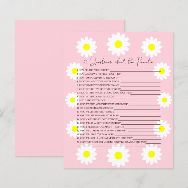 20 frågor om föräldrarnas baby shower-spel (Fram/baksida)