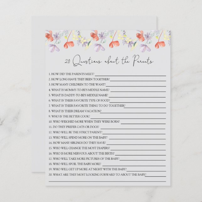 20 Frågor om Parents babyduschspel (Fram/baksida)