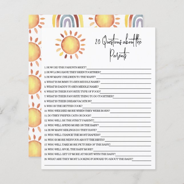 20 Frågor om Parents babyduschspel (Fram/baksida)