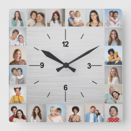 20 Photo Collage Brushed Silver Metallic Fyrkantig Klocka
