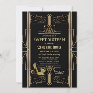 20:s Underbara Guld Art Deco SWEET 16 Inbjudningar