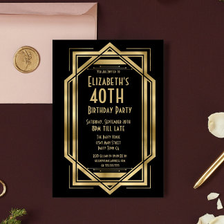 20-sekunders Art Deco Black | Guld 40:e födelsedag Inbjudningar