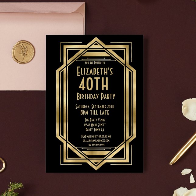 20-sekunders Art Deco Black | Guld 40:e födelsedag Inbjudningar (Skapare uppladdad)