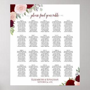 20 sittdiagram för Bord Red & Rosa Blommigt Bröllo Poster