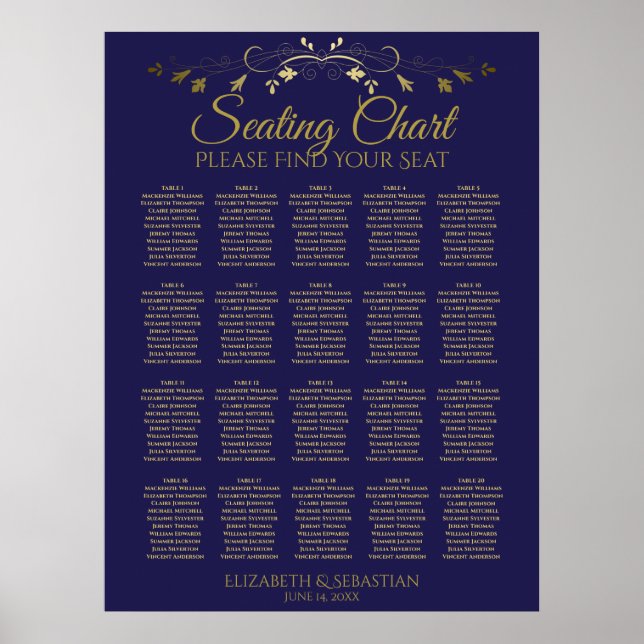 20 sittdiagram för Elegant Guld och marin Bröllop  Poster (Framsidan)