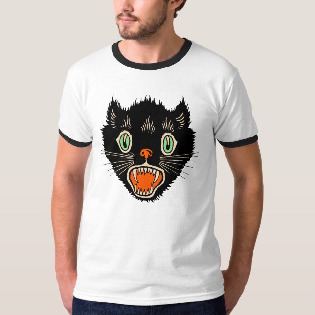 20-tal - vintageHalloween svart katt T Shirt (Framsida)