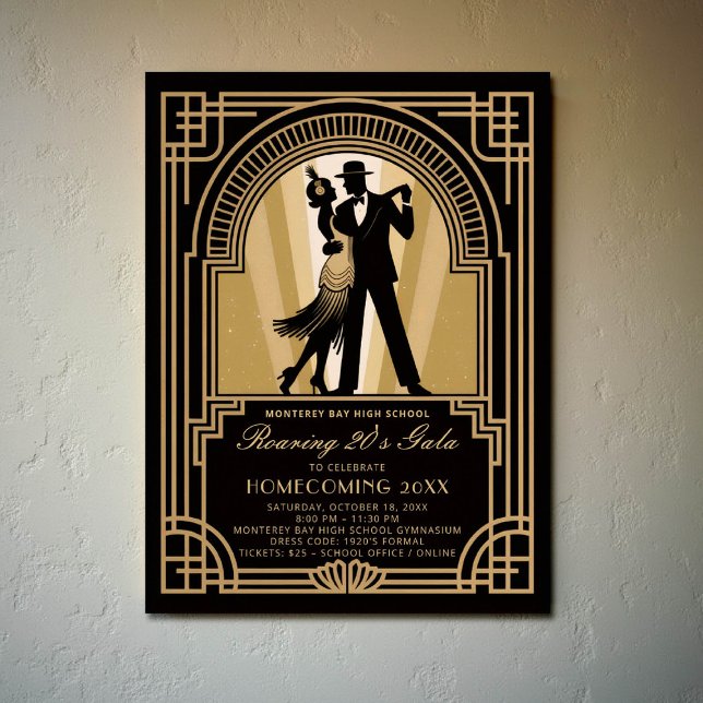 20-talets Art Deco Prom Homecoming School Gala Poster (homecoming prom school event poster roaring 20s gatsby flapper dancing black gold)