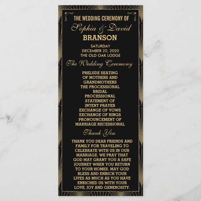 20-talets konst Deco Underbar Gatsby-Bröllopsprogr Program (Framsida)