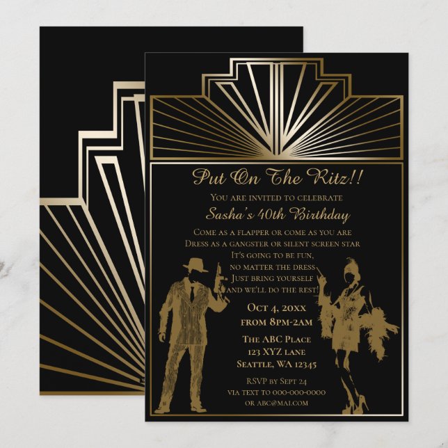 20-talets konsthugg, blöjflicka och gangster inbjudningar (Fram/baksida)