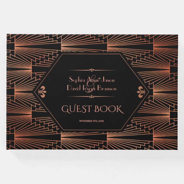 20-talets Underbara Gatsby Copper Art Deco Bröllop Gästböcker (Framsida)
