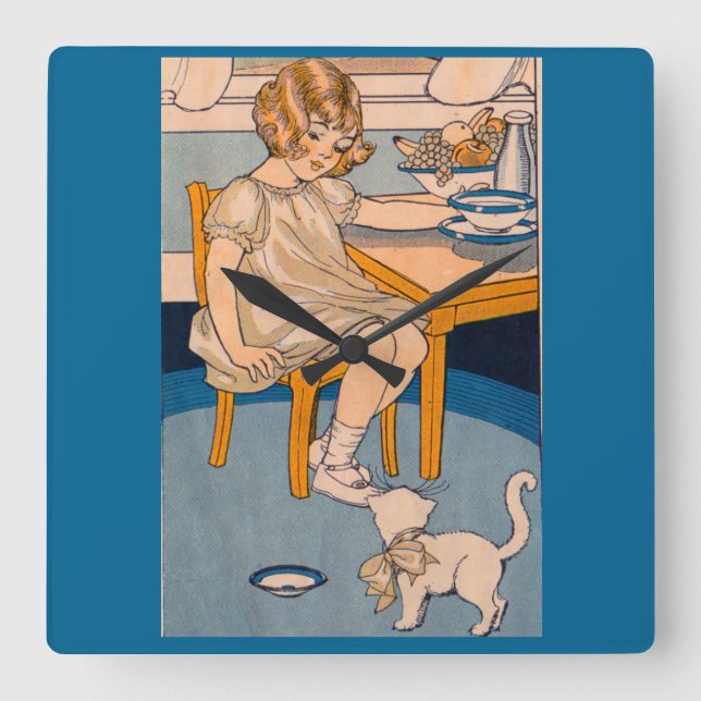 20-talliten flicka och henne lite vitkatt fyrkantig klocka (Framsida)
