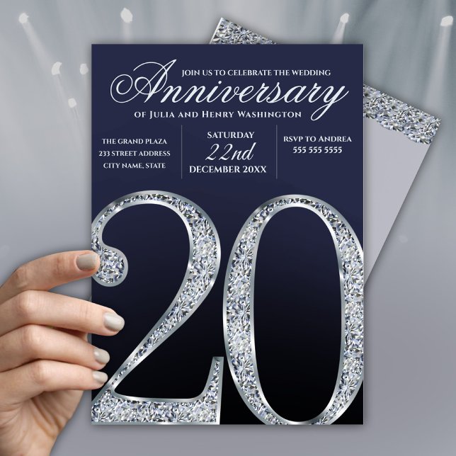 20th Anniversary Diamond Silver Dark Blue Years Inbjudningar (Skapare uppladdad)