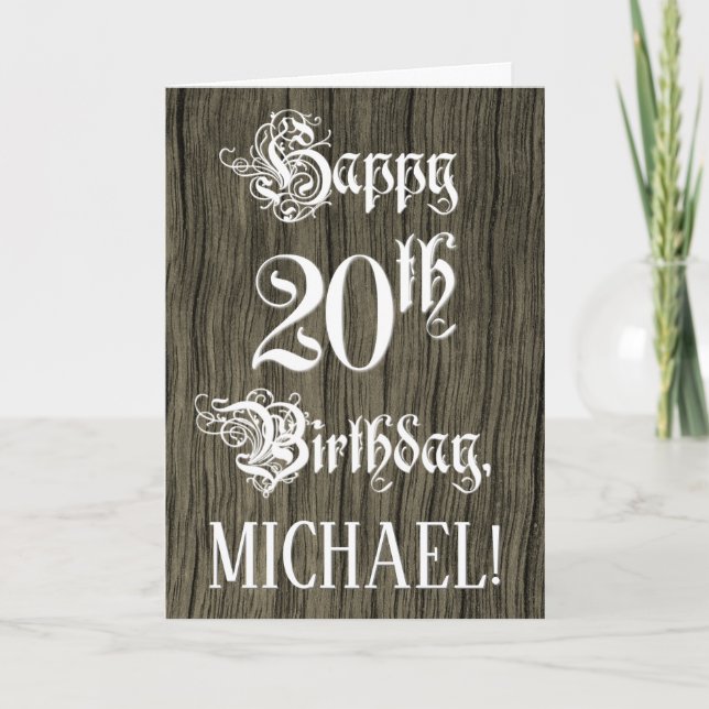 20th Birthday: Fancy, Elegant Text; Faux Wood Look Kort (Framsida)