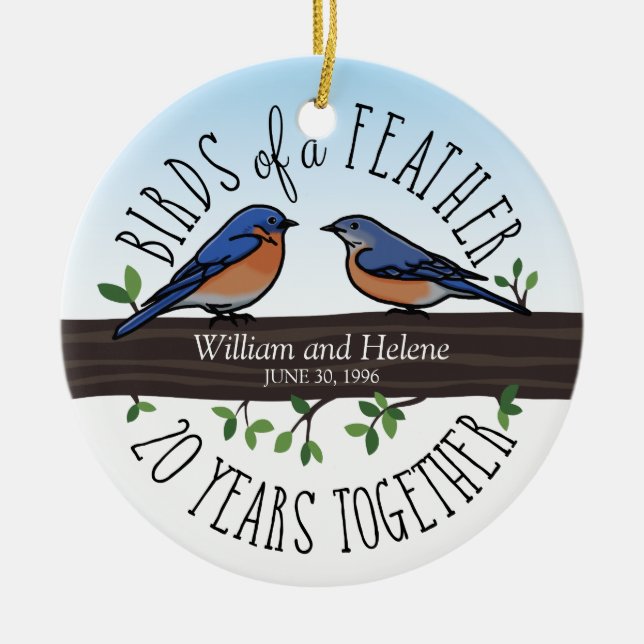 20th Bröllopsdag bluebirds av en fjäder Julgransprydnad Keramik (Framsidan)