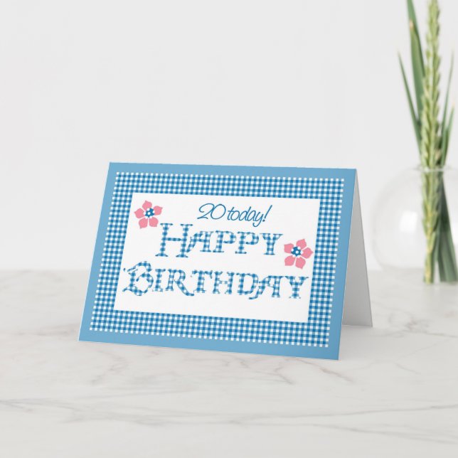 20th Födelsedag mönster för blåttkontrollGingham Kort (Framsida)