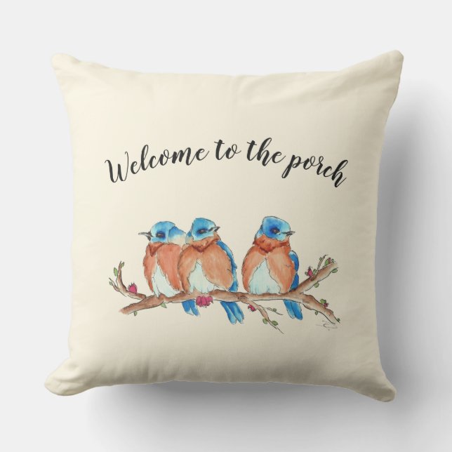 20x20 bluebirds med vattenfärg, "Välkommen till po Kudde (Framsida)