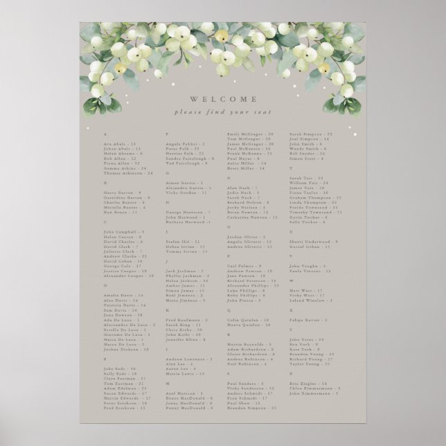 20x28" Alfabetisk sittplatskarta för 150 personer Poster (Framsidan)