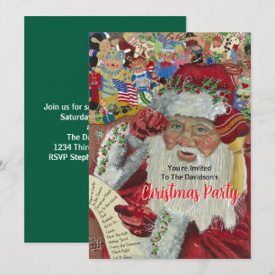 20XX Grön Julfest Firande Santa Klaus Kontrollerar Inbjudningar