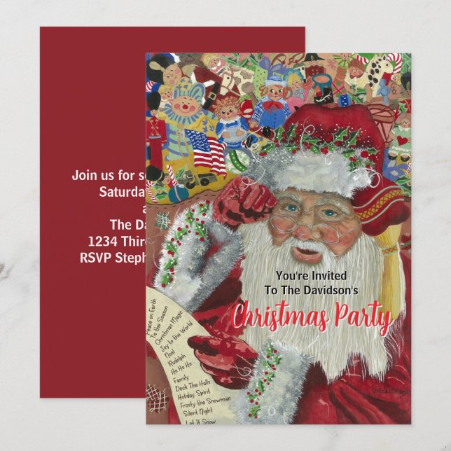 20XX Röda Julfesten Tomte Kollar Listorna Inbjudningar (Fram/baksida)