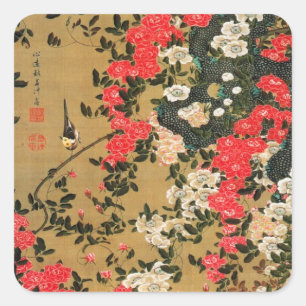 21. 薔 薇 小 禽 図, 若 Ro & Small Bird, Jakuchū Fyrkantigt Klistermärke