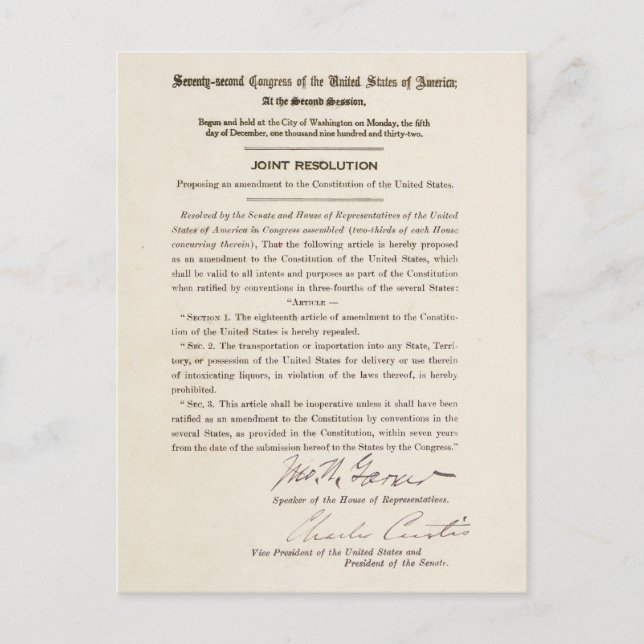 21:a ändringen av konstitutionen vykort (Framsida)