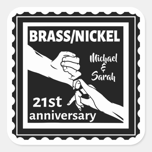 21:a bröllop-årsdagen av Brass-nickel Fyrkantigt Klistermärke (Framsida)