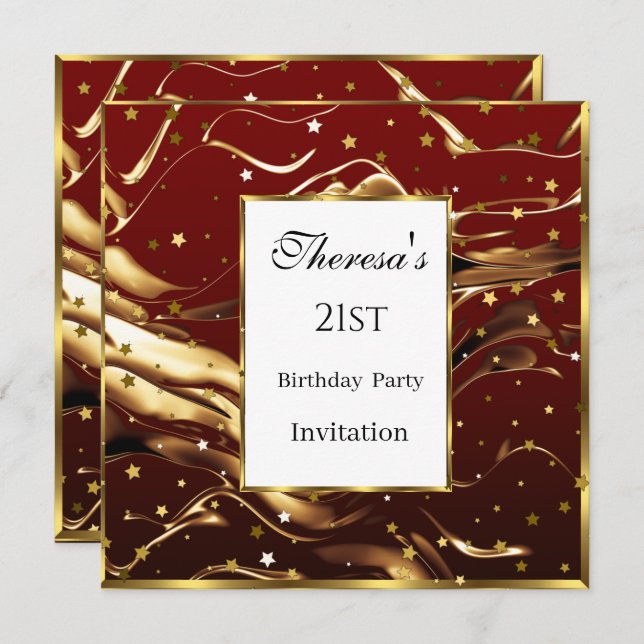 21:a Burgundy Guld Stars-Födelsedagsfesten Inbjudningar (Fram/baksida)