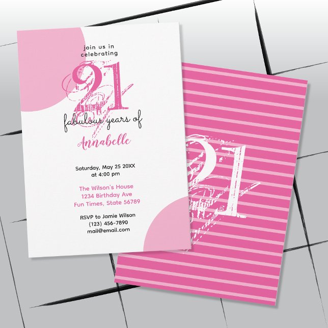 21:a födelsedag 21 fantastiska år ROSA typografi Inbjudningar (Front and Back Display of Invitation)