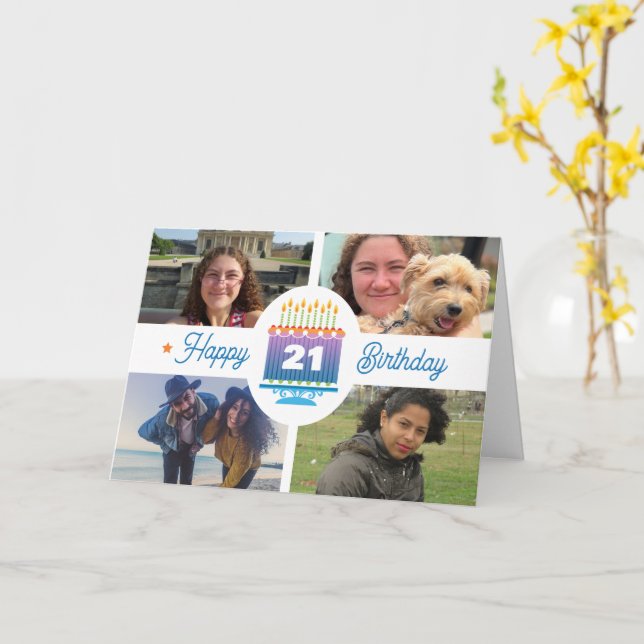 21:a födelsedag 4-Anpassningsbar Foton Färglöst ku Kort (Gul blomma)