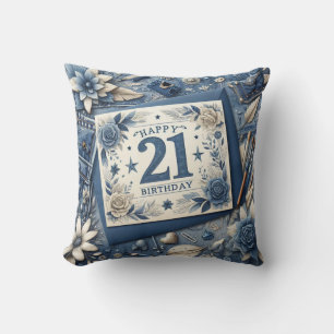 21:a födelsedag Almond blommar blue-kräm Kudde