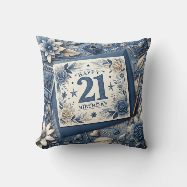 21:a födelsedag Almond blommar blue-kräm Kudde (Framsida)
