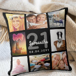 21:a födelsedag anpassningsbar fotokollage tjej sv kudde<br><div class="desc">En unik gåva till en ung kvinna på 21:a årsdagen, som firar sitt liv med en kollage av 8 av dina egna foton, bilder. Anpassa och lägg till hennes namn, 21 år och ett datum. Chicens svarta bakgrund. Grått och vitt brev och nummer. Namn är skrivet med ett modernt handskript...</div>